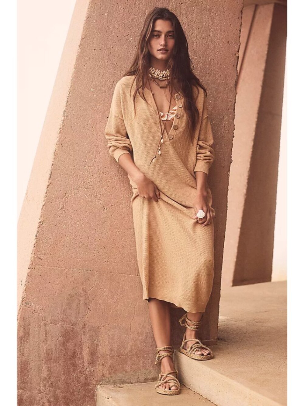 Free People Beach Hailee Sweater Midi Dress Tan NWOT Size Large Coastal Boho